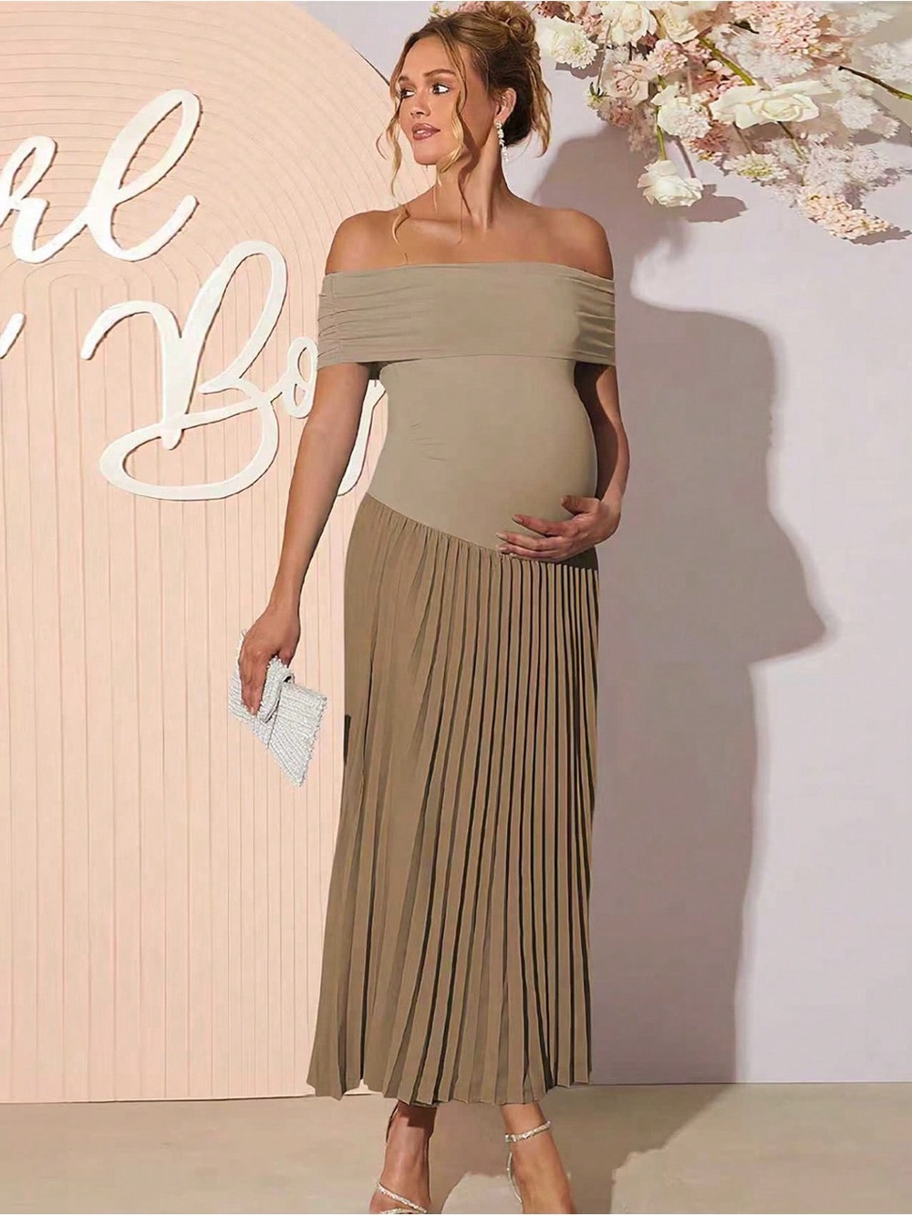 Off-Shoulder Pleated Maxi Maternity Dress in Taupe